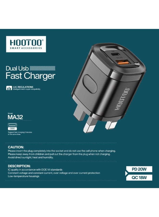HooToo 38W wall charger. Dual-port charger (Type-C charger & USB plug). Fast and safe charging. Chargers for cell phones, headphones, watches, and modems. Plugs for iPhone, Samsung, Honor, and other supported devices. - Image 2