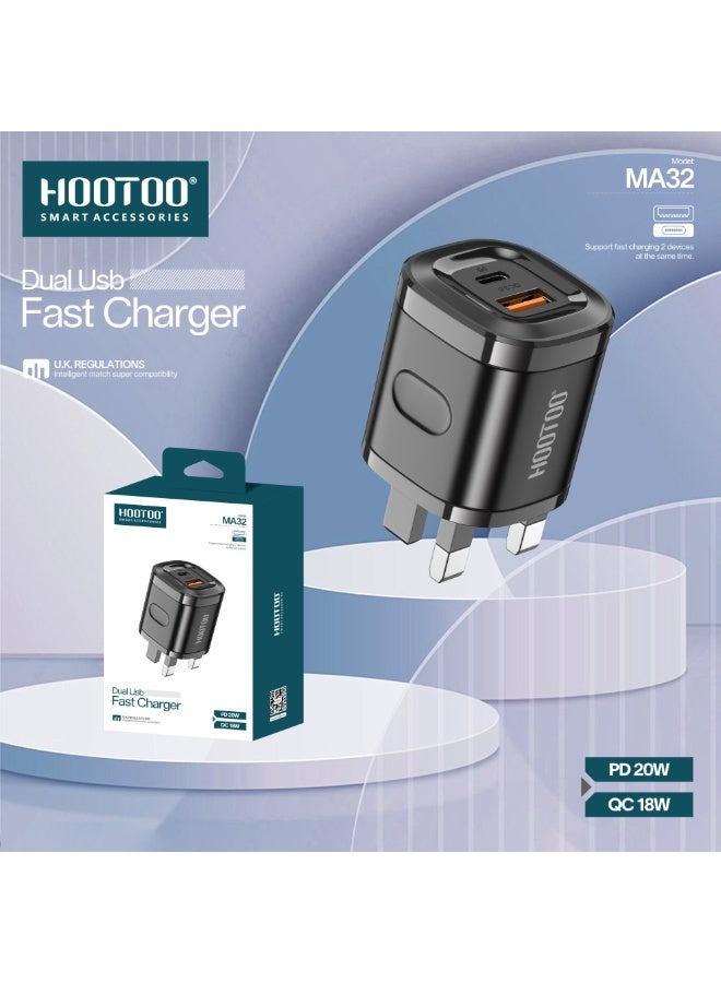 HooToo 38W wall charger. Dual-port charger (Type-C charger & USB plug). Fast and safe charging. Chargers for cell phones, headphones, watches, and modems. Plugs for iPhone, Samsung, Honor, and other supported devices. - Image 3