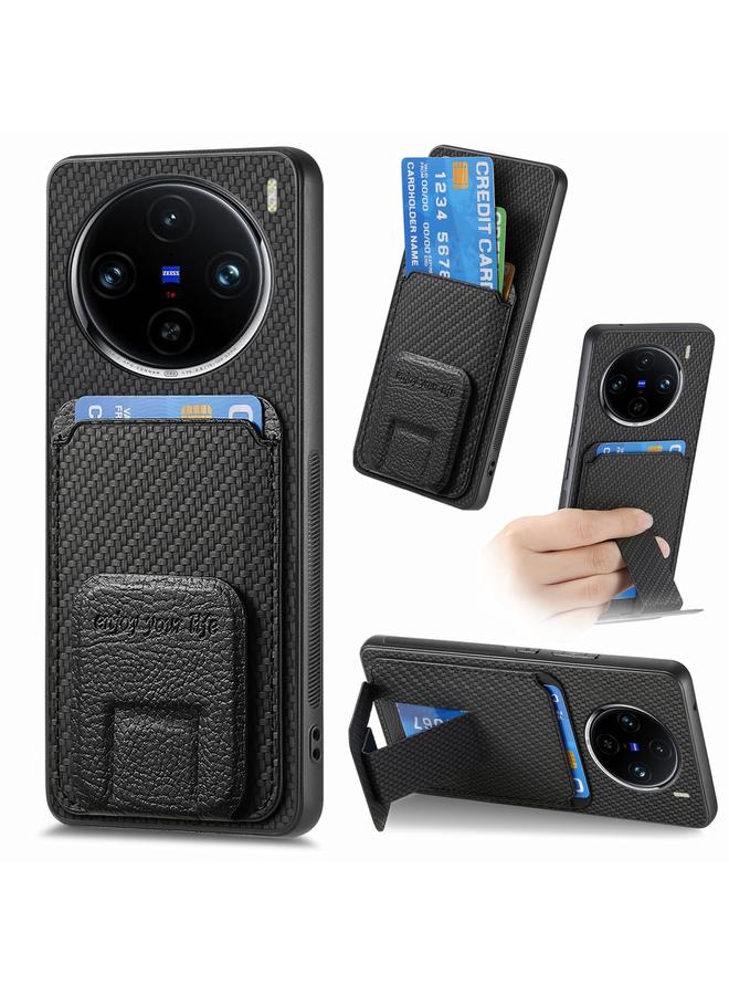 erorex For vivo X100 Pro 5G Carbon Fiber Card Bag Fold Stand Phone Case(Black)
