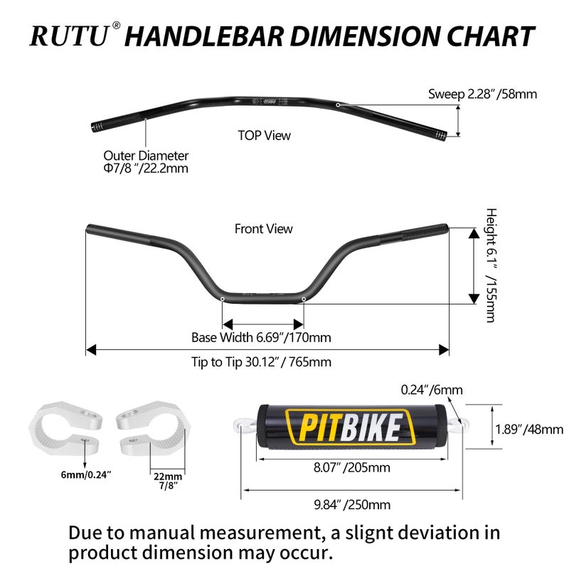 RUTU Handlebars 7/8 Inch for Motorcycle,RUTU Upgraded Universal Dirt Bike Handle Bar with Crossbar Pad Mid-Rise Mini Bike Pit Bike Handlebar for Motocross ATV Quad - Black - Image 2
