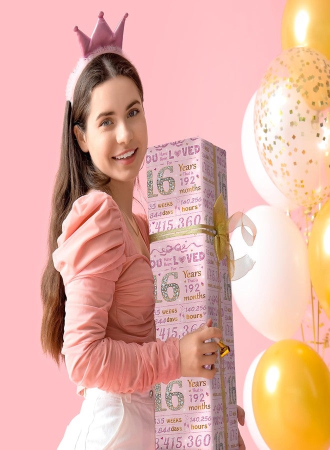 LeZakaa 16th Girls Birthday Wrapping Paper, Sparkling Pink & Gold Design, You Have Been Loved For 16 Years, Bow, Hearts, 16 Years Old, for Girls' Birthday Party Gifts, 17 Inches x 16.4 Feet - Image 2