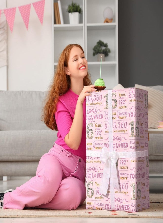 LeZakaa 16th Girls Birthday Wrapping Paper, Sparkling Pink & Gold Design, You Have Been Loved For 16 Years, Bow, Hearts, 16 Years Old, for Girls' Birthday Party Gifts, 17 Inches x 16.4 Feet - Image 4