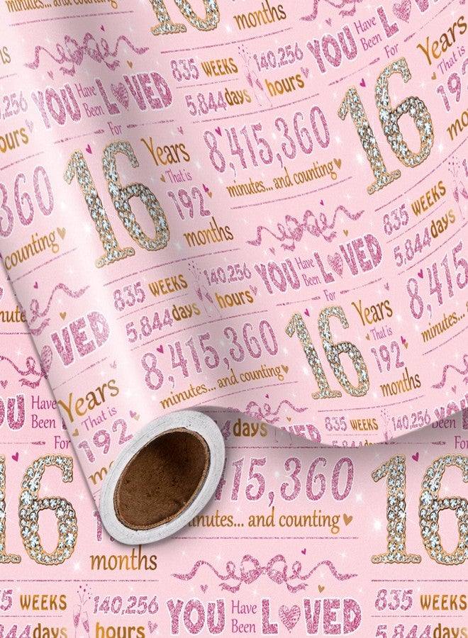 LeZakaa 16th Girls Birthday Wrapping Paper, Sparkling Pink & Gold Design, You Have Been Loved For 16 Years, Bow, Hearts, 16 Years Old, for Girls' Birthday Party Gifts, 17 Inches x 16.4 Feet - Image 1