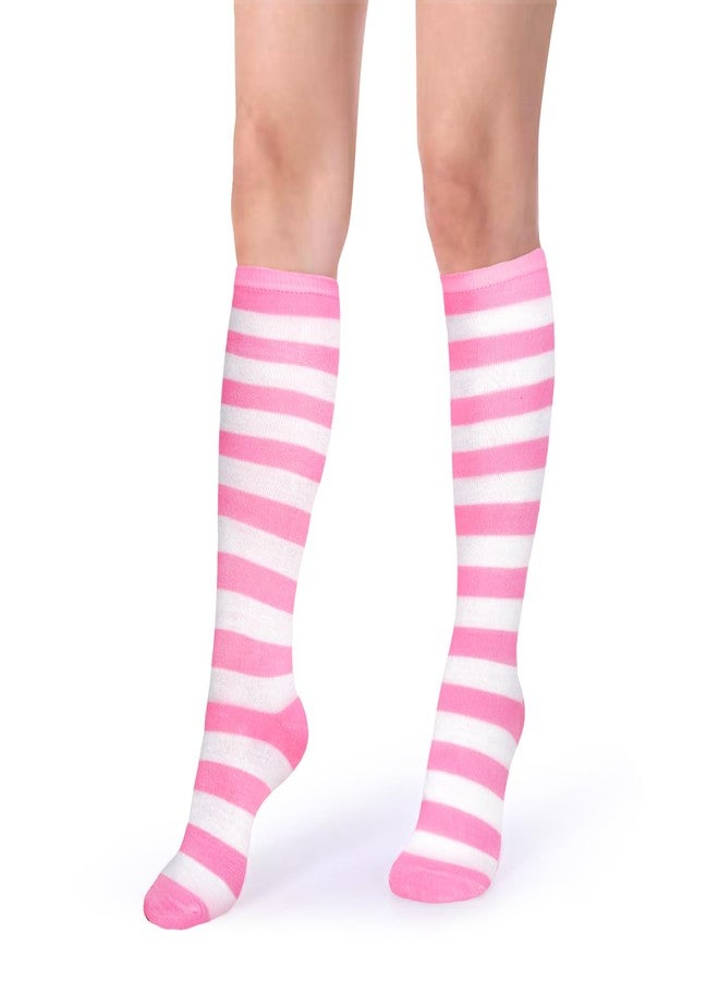 Violet Mist Striped Knee Highs Socks for Women Girls Long Tube Socks with Stripes Colorful Athletic Over The Calf Knee Sock Cute Pink Striped High Sock Casual Halloween Outdoor Sport, Pink and White - Image 2