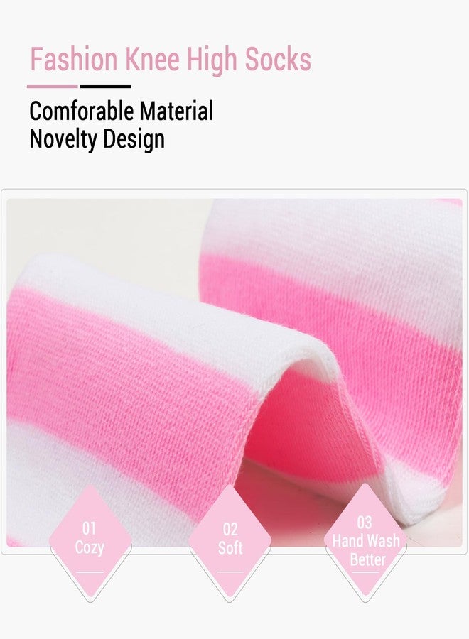 Violet Mist Striped Knee Highs Socks for Women Girls Long Tube Socks with Stripes Colorful Athletic Over The Calf Knee Sock Cute Pink Striped High Sock Casual Halloween Outdoor Sport, Pink and White - Image 3