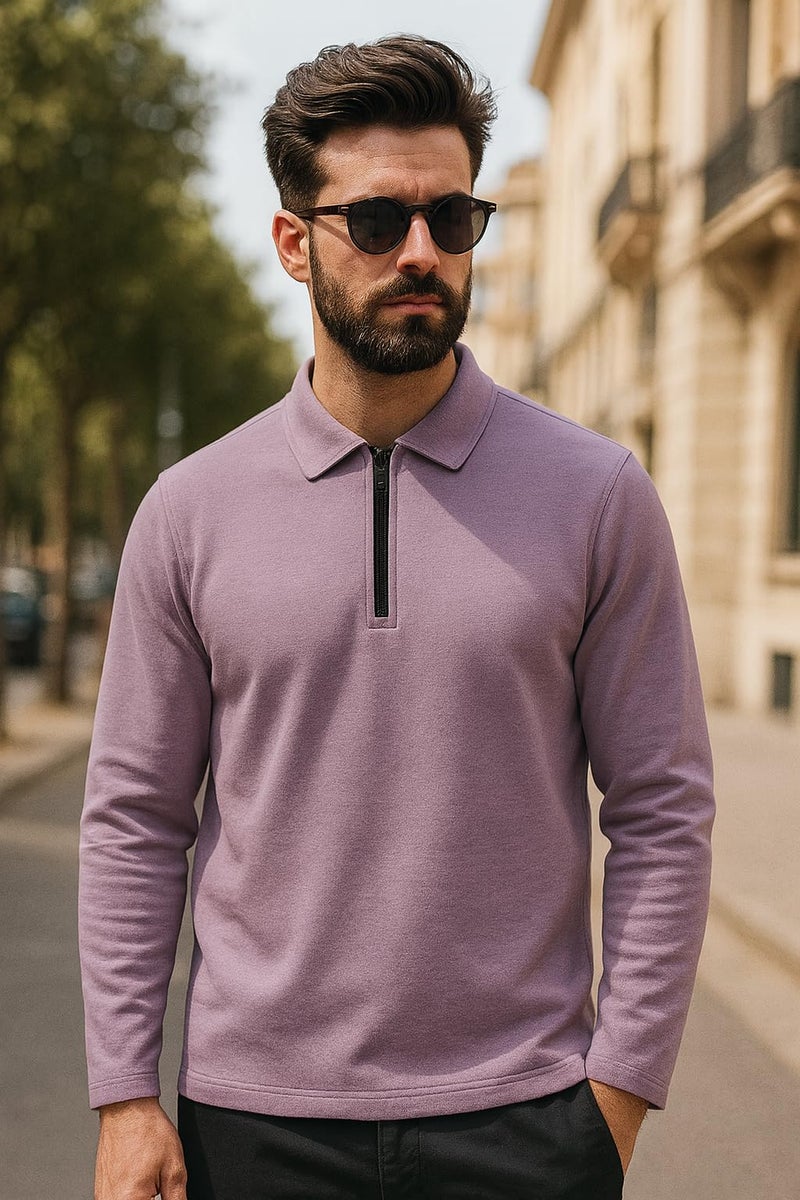 RodZen Men's Cotton Blend Full Sleeve Regular Fit Polo T-Shirt (Lavender, XL) - Image 2