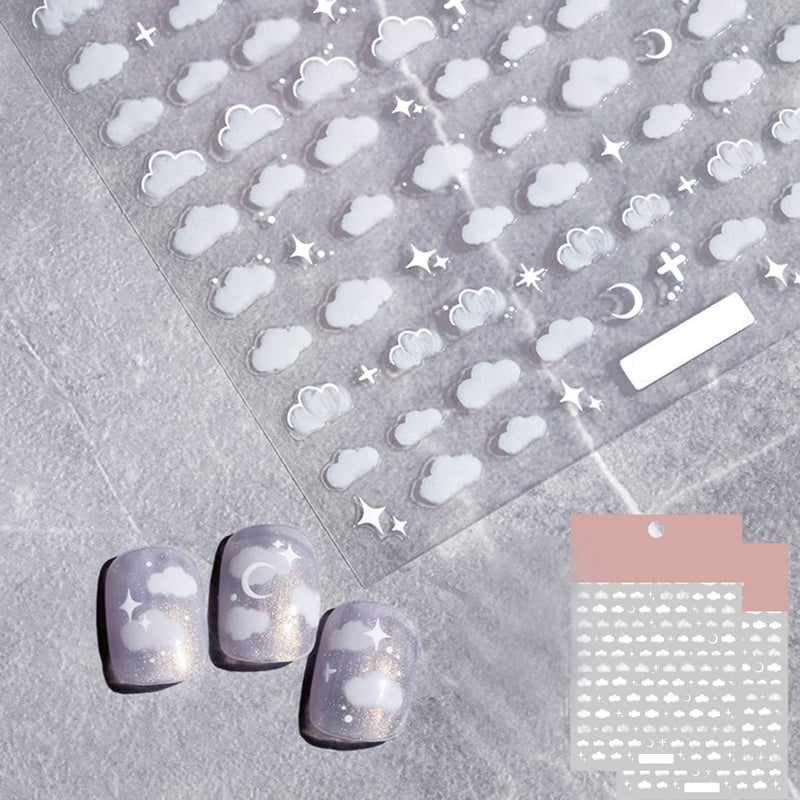 Night Sky Nail Art Sticker Decals 3D White Moon Star Cloud Pattern Nail Tips Semi Transparent Design Fashion Charm DIY Toenails Nail Tattoos for Women Girls Manicure Nail Decoration 2 Sheets