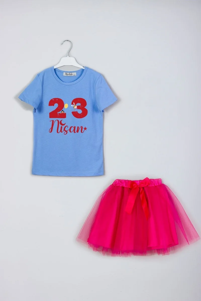 Myada 23 April Written, Crescent and Star Printed T-Shirt and Skirt Combination Set