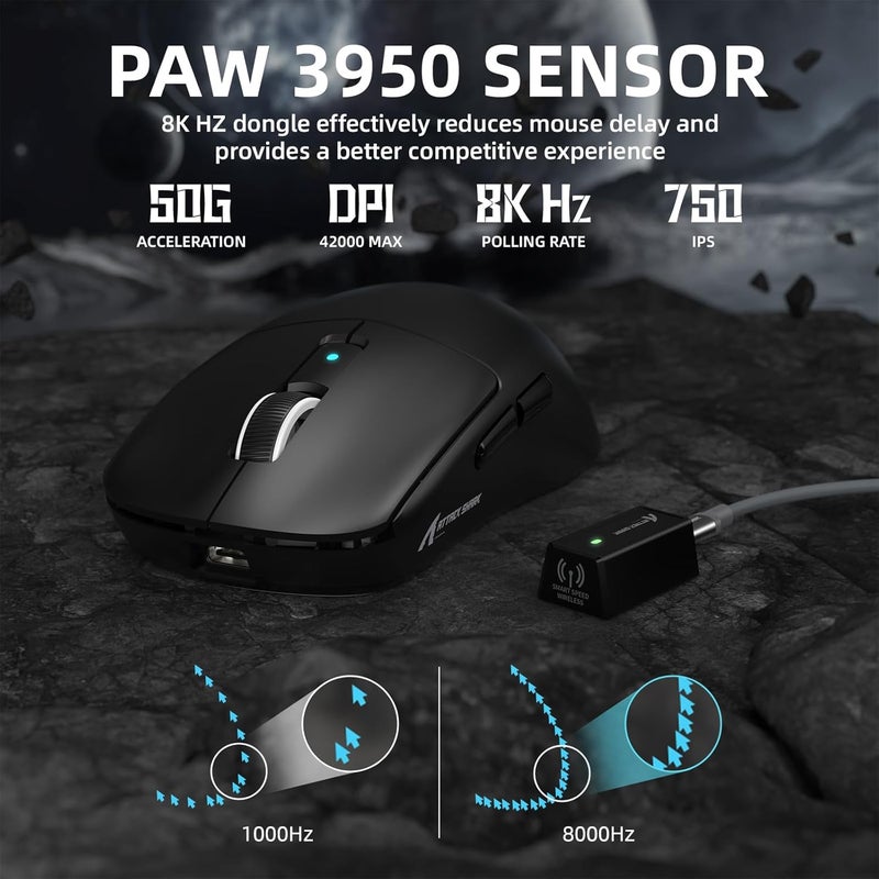 Eweadn Varied dimensions ATTACK SHARK R6 LIGHTSPEED Wireless Gaming Mouse, 39G Ultralight Design, HyperSpeed with 8K Hz, PAW3950 Sensor, Nordic52840, 42K DPI for E-sports Game, Tri-Mode Programmable Mice - Black Gulf climate fit - Image 4