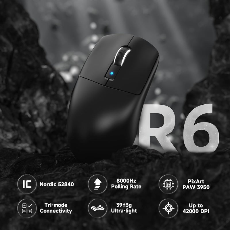 Eweadn Varied dimensions ATTACK SHARK R6 LIGHTSPEED Wireless Gaming Mouse, 39G Ultralight Design, HyperSpeed with 8K Hz, PAW3950 Sensor, Nordic52840, 42K DPI for E-sports Game, Tri-Mode Programmable Mice - Black Gulf climate fit - Image 2