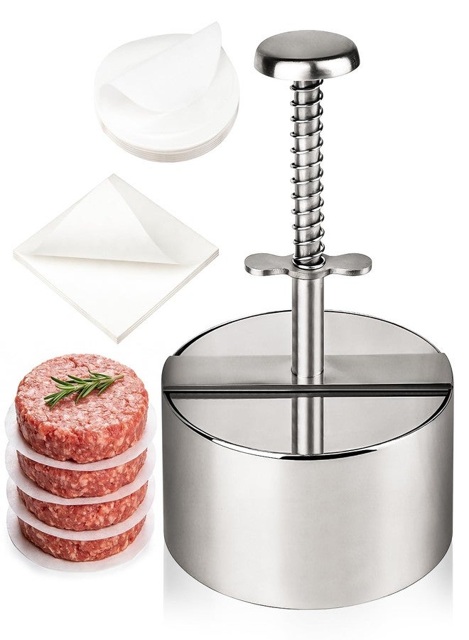 Sumalon 304 Stainless Steel Burger Press, 4.5" Heavy Duty Adjustable Hamburger Press Patty Maker with 150 Patty Papers, Non-Stick Stuffed Patty Molds for Beef Burgers and BBQ - Image 1