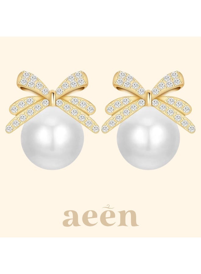 aeen Women's Bow knot Pearl Earrings – Elegant Alloy Earrings with Rhinestone Accents, Fashion Jewellery for Daily Wear or Parties, Gift for her - Image 1