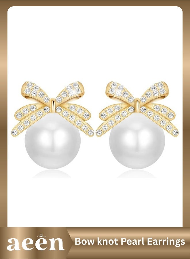 aeen Women's Bow knot Pearl Earrings – Elegant Alloy Earrings with Rhinestone Accents, Fashion Jewellery for Daily Wear or Parties, Gift for her - Image 1
