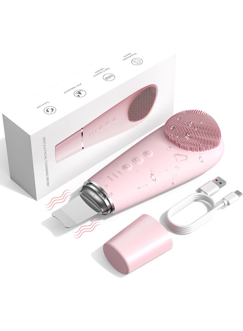 Arabest Facial Cleansing Brush & Massager, 2 in 1 Facial Skin Scrubber Waterproof and Rechargeable Face Scrub for Deep Cleansing Vibrating Exfoliator Scrubber Skin Care with 7 Modes, Gentle Exfoliating - Pink - Image 1
