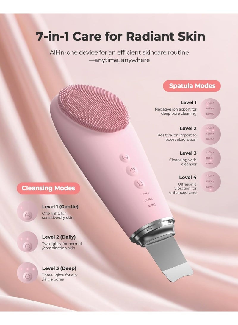 Arabest Facial Cleansing Brush & Massager, 2 in 1 Facial Skin Scrubber Waterproof and Rechargeable Face Scrub for Deep Cleansing Vibrating Exfoliator Scrubber Skin Care with 7 Modes, Gentle Exfoliating - Pink - Image 2