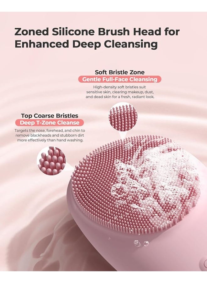 Arabest Facial Cleansing Brush & Massager, 2 in 1 Facial Skin Scrubber Waterproof and Rechargeable Face Scrub for Deep Cleansing Vibrating Exfoliator Scrubber Skin Care with 7 Modes, Gentle Exfoliating - Pink - Image 3