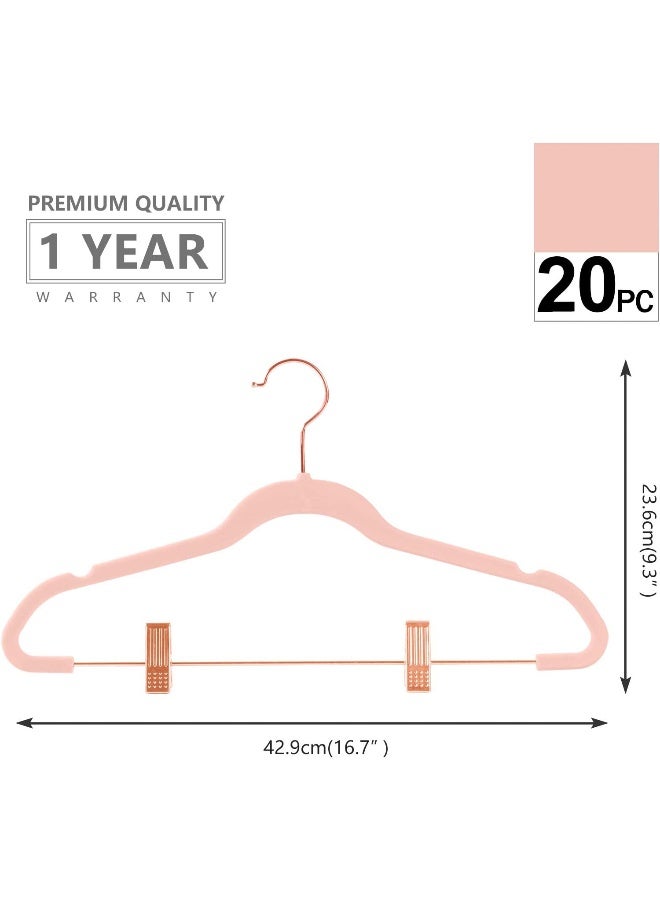 MIZGI MIZGI Premium Velvet Pants Hangers with Clips (Pack of 20) Slim Skirt Hangers- Non Slip Felt Outfit Dress Hangers Blush Pink - Copper/Rose Gold Hooks,Space Saving Shirt Clothes Hangers, one size  - Image 2