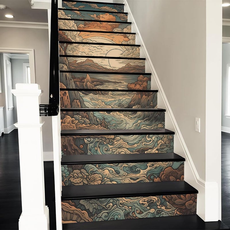 REDAMANCY Boho Orange Sunset Sea Wave Landscape Abstract Peel and Stick Vinyl Stair Riser Decals Staircase Tile Stickers Decor Modern Marble Decoration Self-Adhesive(14 Pcs) - Image 1