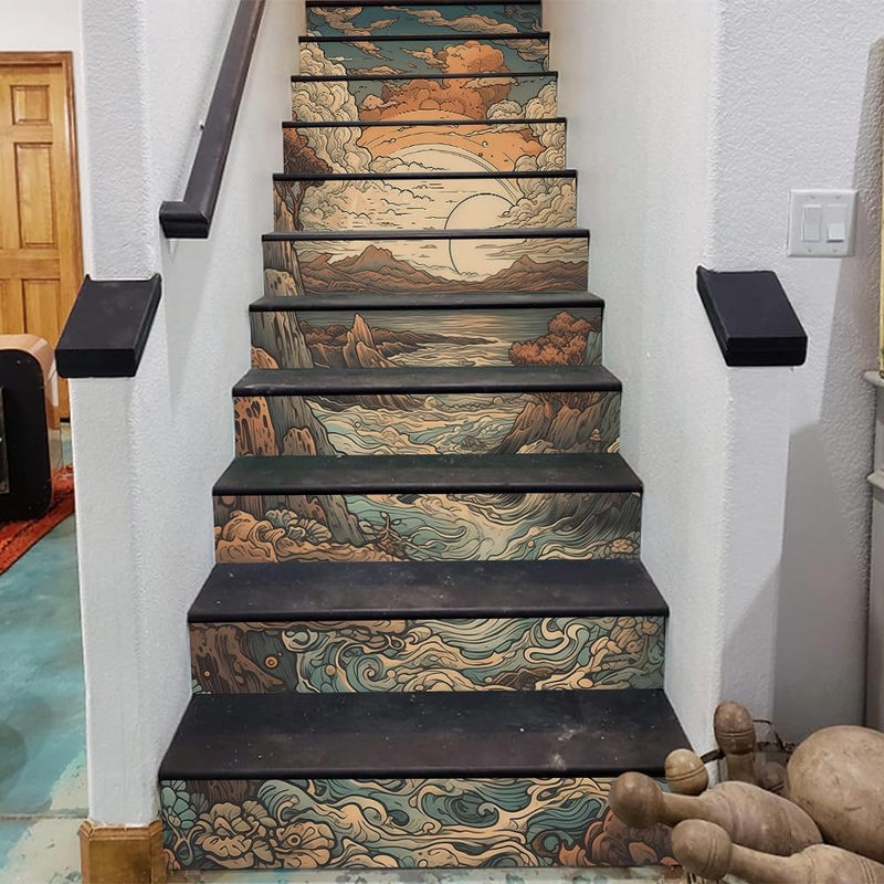 REDAMANCY Boho Orange Sunset Sea Wave Landscape Abstract Peel and Stick Vinyl Stair Riser Decals Staircase Tile Stickers Decor Modern Marble Decoration Self-Adhesive(14 Pcs) - Image 3