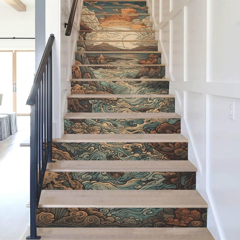 REDAMANCY Boho Orange Sunset Sea Wave Landscape Abstract Peel and Stick Vinyl Stair Riser Decals Staircase Tile Stickers Decor Modern Marble Decoration Self-Adhesive(14 Pcs) - Image 5