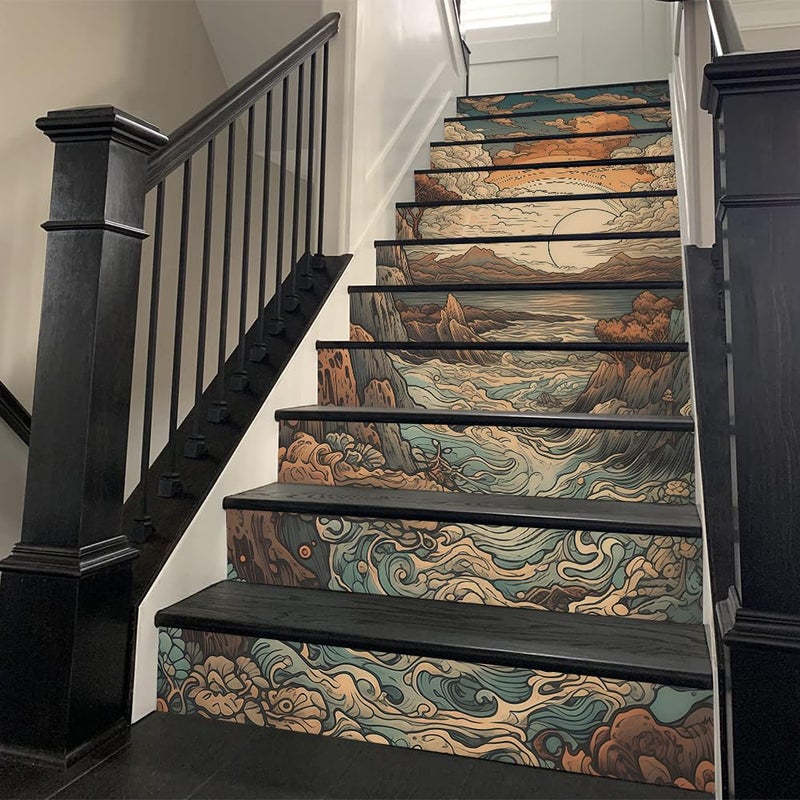 REDAMANCY Boho Orange Sunset Sea Wave Landscape Abstract Peel and Stick Vinyl Stair Riser Decals Staircase Tile Stickers Decor Modern Marble Decoration Self-Adhesive(14 Pcs) - Image 2