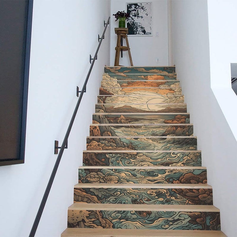 REDAMANCY Boho Orange Sunset Sea Wave Landscape Abstract Peel and Stick Vinyl Stair Riser Decals Staircase Tile Stickers Decor Modern Marble Decoration Self-Adhesive(14 Pcs) - Image 4