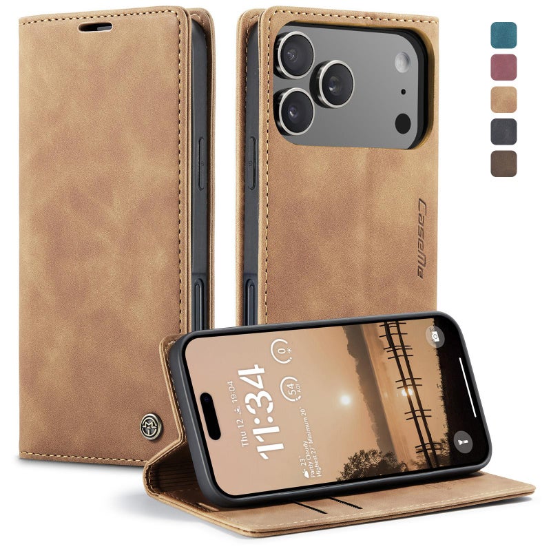 كيس مي جراب هاتف جلدي متعدد الوظائف قابل للطي أفقيًا لهاتف Iphone 17 Pro Max 013 (بني) - Image 1