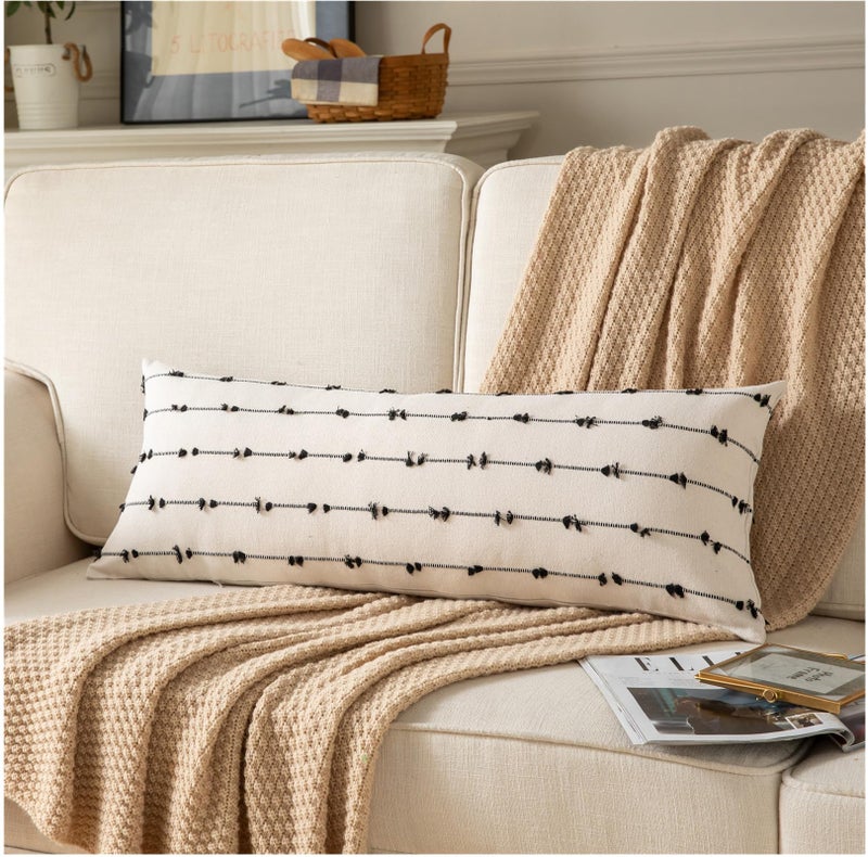 Caflife Boho Throw Pillow Covers 12x20 inches Beige and Black Set of 2 Modern Farmhouse Decorative Pillow Covers for Couch Bed Living Room
