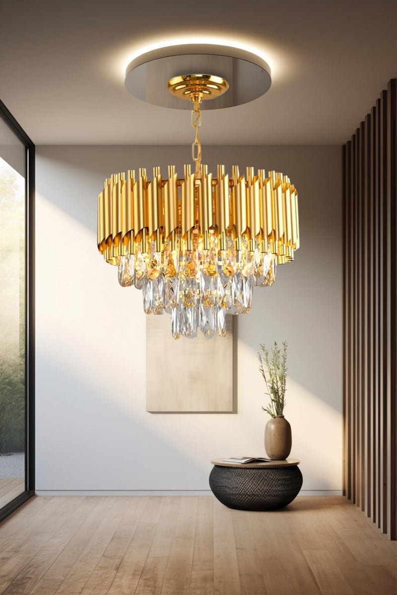 kinis Modern Crystal Led Jhoomer Ceiling Lights Hanging for Living Room Chandelier Hanging Light for Dining Lights for Ceiling Chandelier for Table (Gold, 3-Tier, 400 MM, 16 Inch) - Image 1