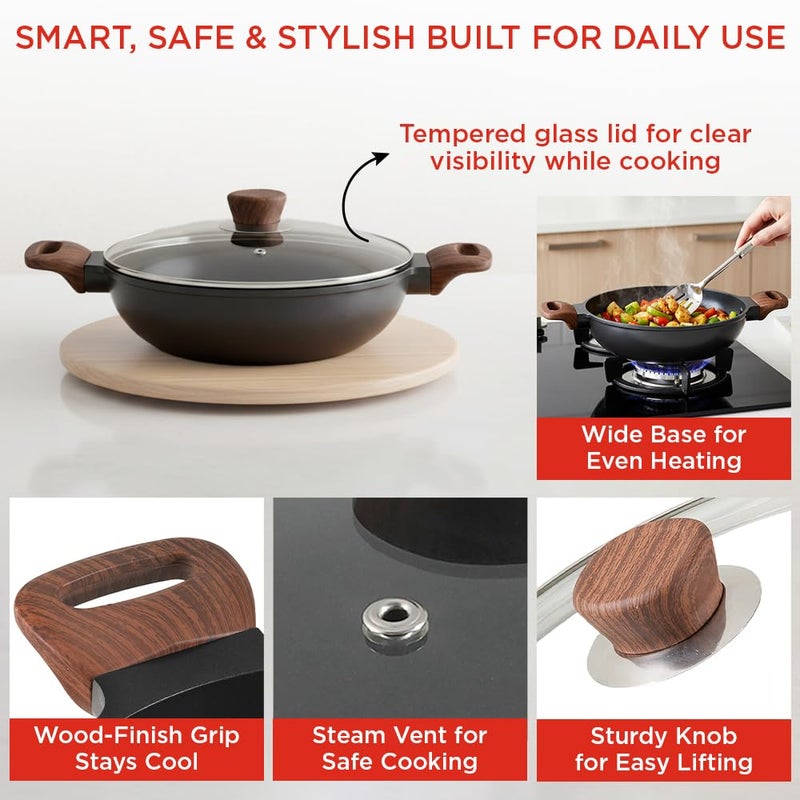 Vinod Di Casa Non Stick Kadai 24 cm, 2.4 Litre | 3 Layer Non Stick Aluminium Cookware | 4.8 mm Thick Base for Even Heat | Easy Grip Handles | Gas & Induction Friendly Fry Pan - Image 4