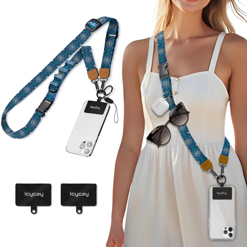 Icycay Phone Lanyard Crossbody, Boho Blue Cell Phone Strap for Around The Neck Adjustable, Bohemian Anti Theft Cute Lanyard for ID Holder Keys Accessories Travel Essential - Image 1