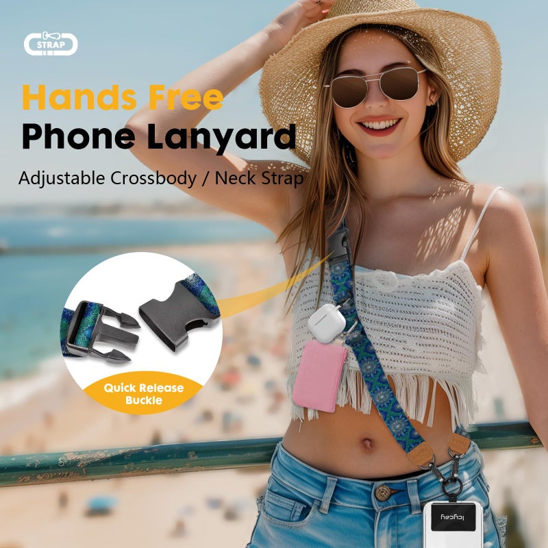 Icycay Phone Lanyard Crossbody, Boho Blue Cell Phone Strap for Around The Neck Adjustable, Bohemian Anti Theft Cute Lanyard for ID Holder Keys Accessories Travel Essential - Image 2