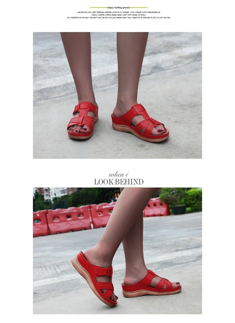 SIKETU - Spring And Summer New Comfortable Casual Wedges To Wear Sandals Outside The Beach  Red - Image 1