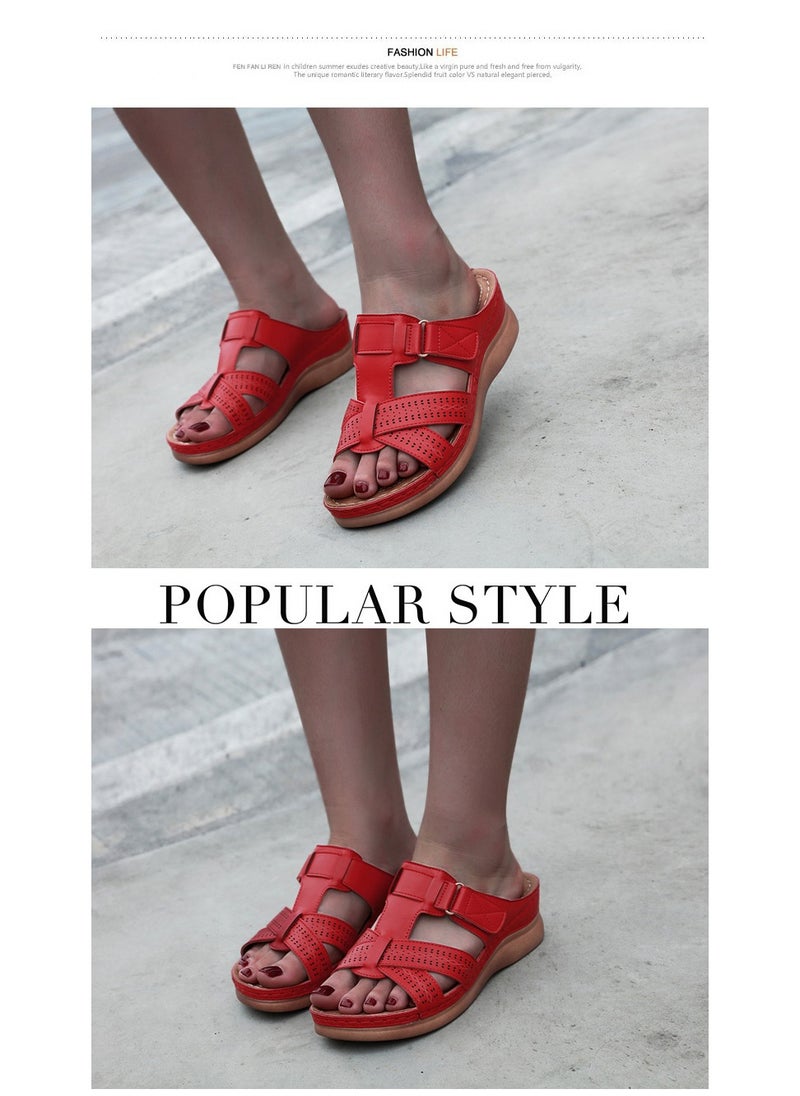 SIKETU - Spring And Summer New Comfortable Casual Wedges To Wear Sandals Outside The Beach  Red - Image 1
