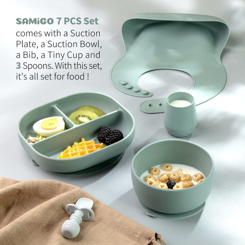 SAMiGO Silicone Baby Feeding Set, Baby Led Weaning Supplies, Suction Bowl Plate Bib Cup Self Feeding Spoons, Solid Food Eating Essentials, First Stage Utensils, 6+ Months - Image 2
