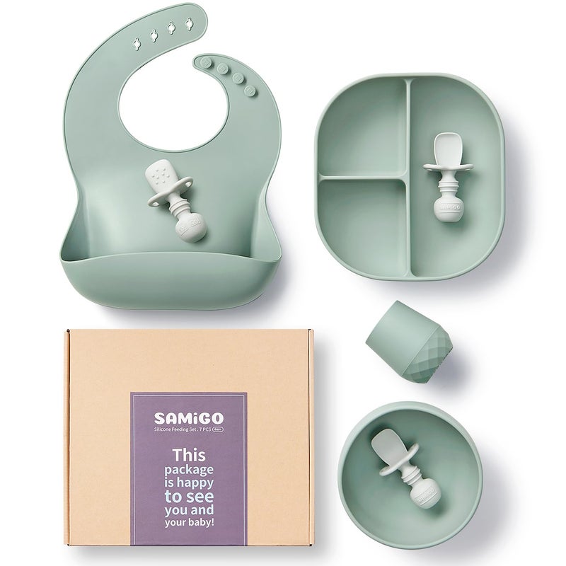 SAMiGO Silicone Baby Feeding Set, Baby Led Weaning Supplies, Suction Bowl Plate Bib Cup Self Feeding Spoons, Solid Food Eating Essentials, First Stage Utensils, 6+ Months - Image 1