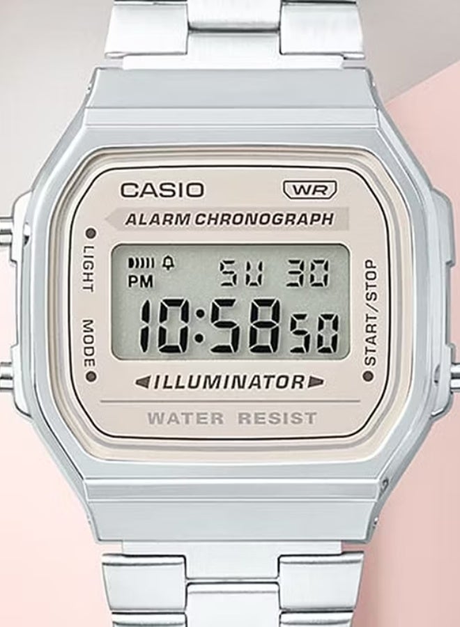 كاسيو ساعة كاسيو الرقمية الكلاسيكية A-168WA-8AYDF للجنسين - ميناء بيج/بني، سوار من الفولاذ المقاوم للصدأ، إضاءة خلفية كهروضوئية، ساعة إيقاف، منبه، بطارية تدوم 7 سنوات - Image 1