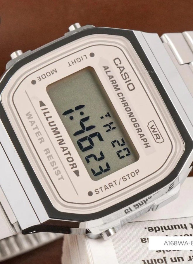 كاسيو ساعة كاسيو الرقمية الكلاسيكية A-168WA-8AYDF للجنسين - ميناء بيج/بني، سوار من الفولاذ المقاوم للصدأ، إضاءة خلفية كهروضوئية، ساعة إيقاف، منبه، بطارية تدوم 7 سنوات - Image 4