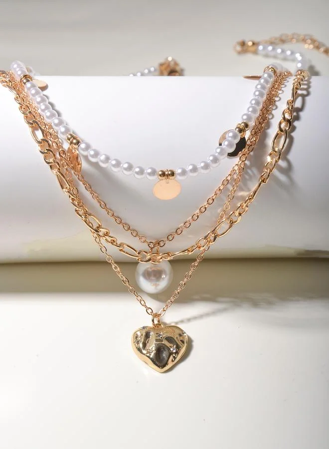 Take Two Set of 4 - Faux Pearl and Heart Pendant Necklace