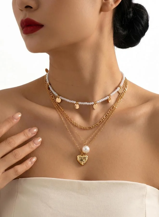 Take Two Set of 4 - Faux Pearl and Heart Pendant Necklace