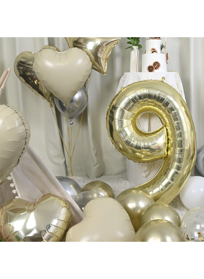 بالون رقم كبير بلون ذهبي شامبانيا، بالونات فويل مع هيليوم ذهبي فاتح، بالون على شكل قلب ونجمة بلون كريمي بيج مقاس 18 بوصة، بالون رقمي ذاتي النفخ مقاس 40 بوصة لتزيين حفلات أعياد الميلاد - Image 5