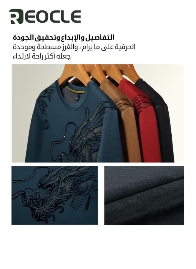REOCLE Men's Fall Winter Printed Shiny Causal Pulls Without Hoodie Round Neck Shirt Warm Brown  - Image 1