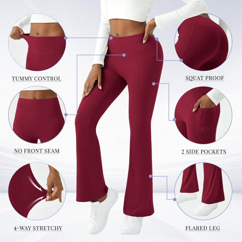 COPYLEAF Womens Yoga Pants with Pockets High Waisted Flare Leggings Bell Bottom Yoga Dress Pants Seamless Bootcut Pants(Wine Red M) - Image 5