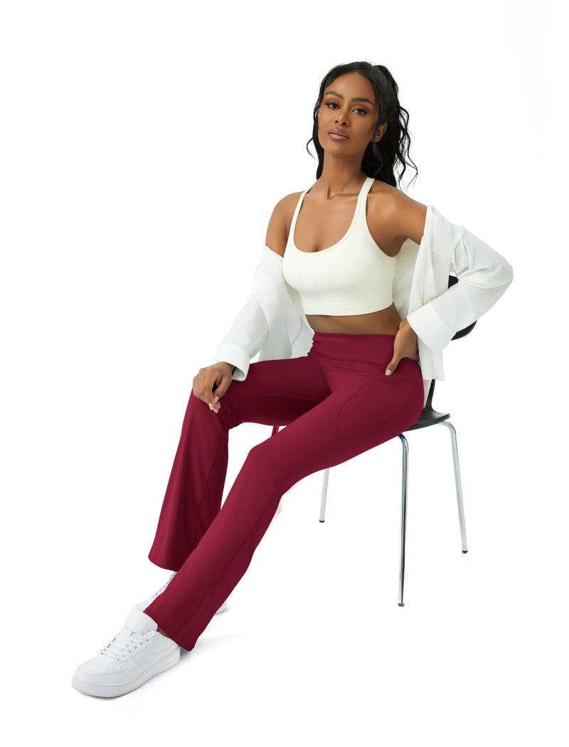 COPYLEAF Womens Yoga Pants with Pockets High Waisted Flare Leggings Bell Bottom Yoga Dress Pants Seamless Bootcut Pants(Wine Red M) - Image 3