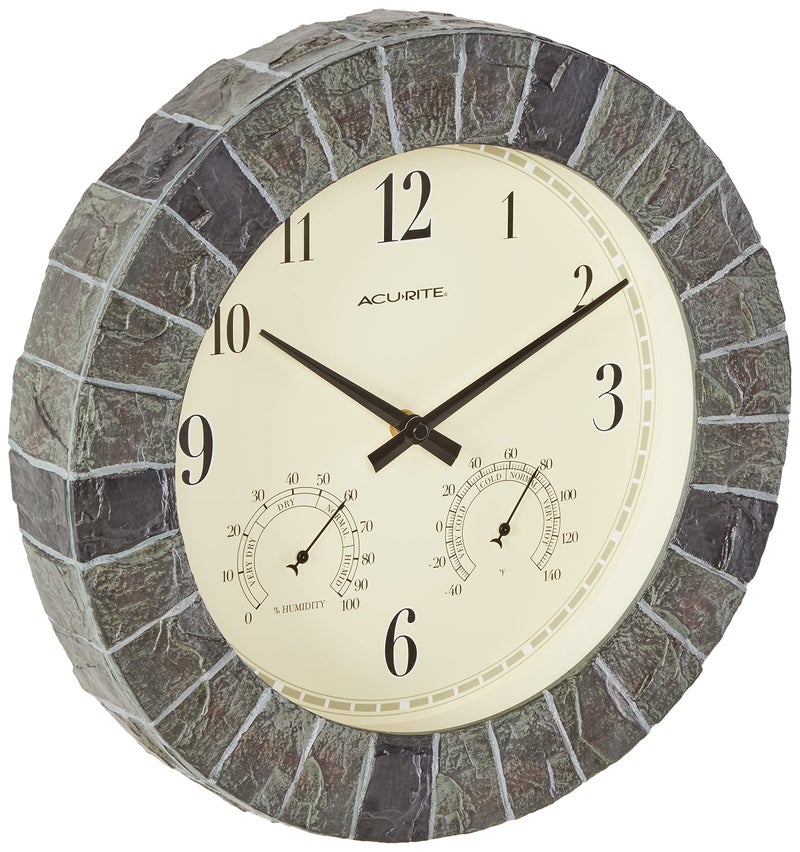 Acurite AcuRite 02418 14Inch FauxSlate IndoorOutdoor Wall Clock with Thermometer Hygrometer 