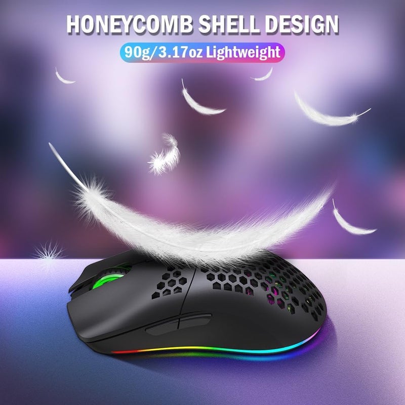 Kueh Wireless Gaming Mouse, Lightweight Honeycomb Shell with Backlight, 6 Buttons 4 Speed Adjustable DPI Computer Mouse Rechargeable RGB Gaming for PC/Mac/Laptop Laptop PC, Ergonomic Shape - Image 2