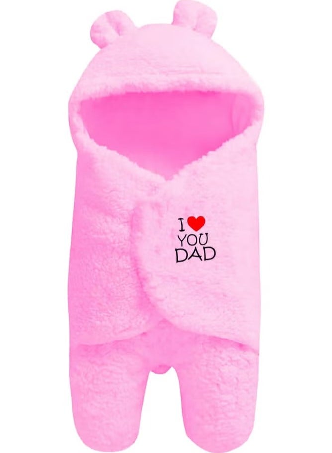 OYO BABY Newborn Hooded Baby Blanket with Embroidery Wearable Wrapper Sleeping Bag (0-6 Months, Pink, I Love DAD) - Image 1