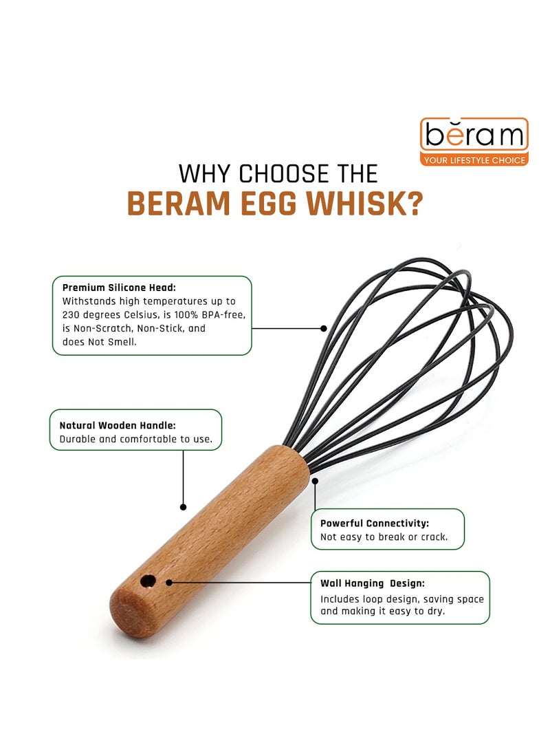 Beram - Silicone Egg Whisk with Wooden Handle, Heat-Resistant, Non-Stick Whisk for Eggs, Batters, Sauces, and More, Ergonomic Design, Easy to Clean, Compact and Durable, Black - Image 1