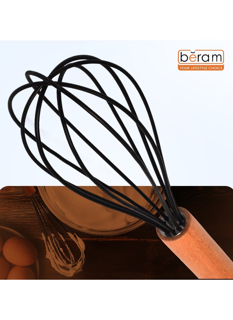 Beram - Silicone Egg Whisk with Wooden Handle, Heat-Resistant, Non-Stick Whisk for Eggs, Batters, Sauces, and More, Ergonomic Design, Easy to Clean, Compact and Durable, Black - Image 1