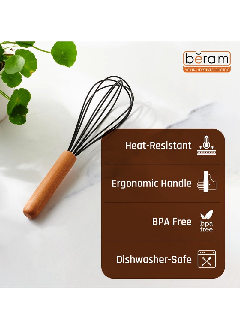 Beram - Silicone Egg Whisk with Wooden Handle, Heat-Resistant, Non-Stick Whisk for Eggs, Batters, Sauces, and More, Ergonomic Design, Easy to Clean, Compact and Durable, Black - Image 1
